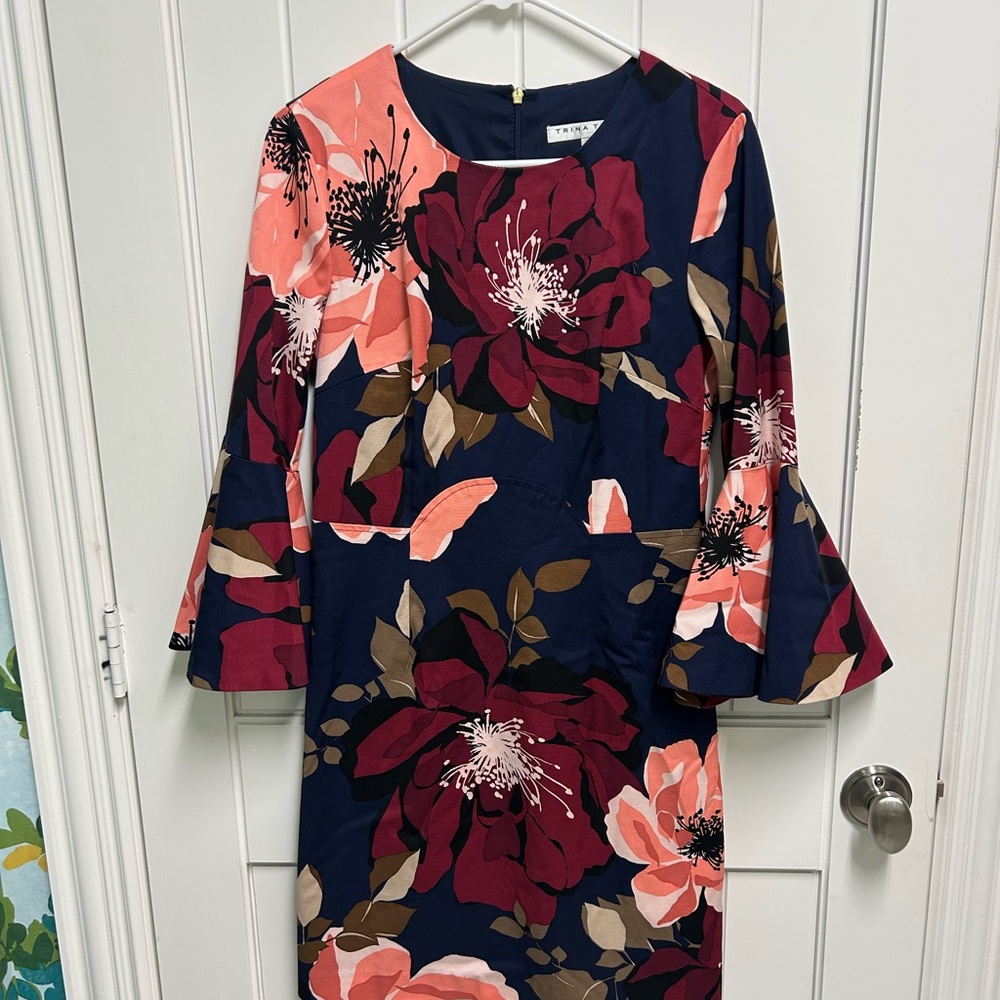 Trina Turk Navy Floral Bell-Sleeve Dress with Burgundy & Coral Blooms